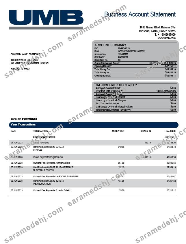 UMB Bank enterprise account statement Word and PDF template